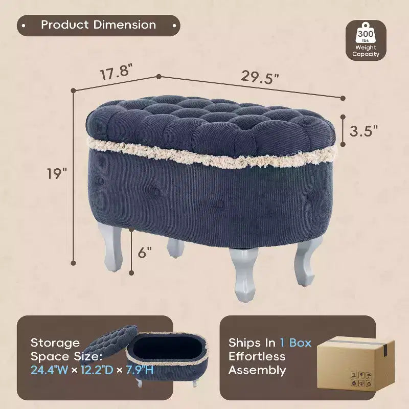 TUYOHW 29.5 Upholstered Storage Bench,Fabric Footboard Bench with Button Tufted and Fringe,Lift Top,End of Bed Bench for Bedroom,Living Room