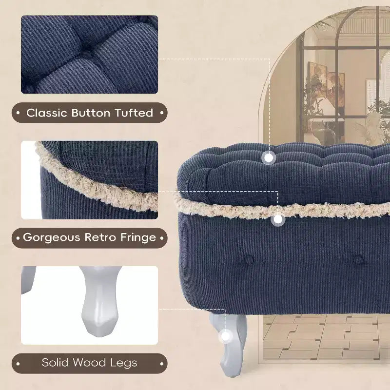 TUYOHW Banc de rangement rembourré 29,5", banc de pied de lit en tissu touffeté avec boutons et franges, couvercle relevable, banc de bout de lit pour chambre à coucher, salon