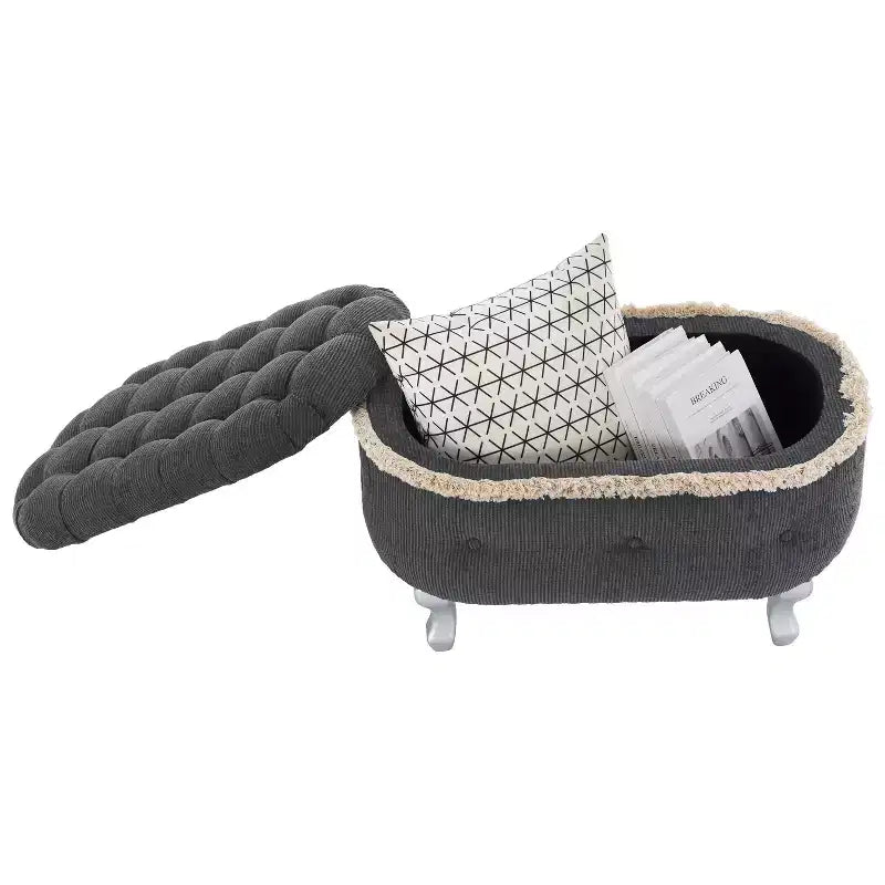TUYOHW Banc de rangement rembourré 29,5", banc de pied de lit en tissu touffeté avec boutons et franges, couvercle relevable, banc de bout de lit pour chambre à coucher, salon