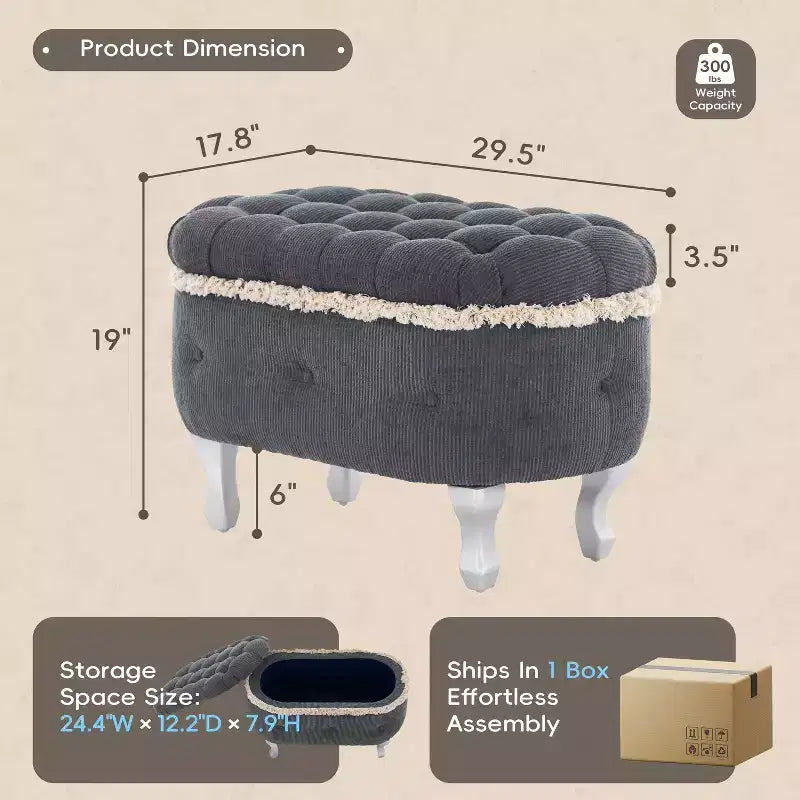 TUYOHW Banc de rangement rembourré 29,5", banc de pied de lit en tissu touffeté avec boutons et franges, couvercle relevable, banc de bout de lit pour chambre à coucher, salon