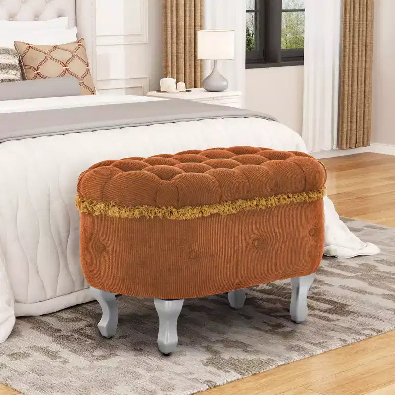 TUYOHW 29.5 Upholstered Storage Bench,Fabric Footboard Bench with Button Tufted and Fringe,Lift Top,End of Bed Bench for Bedroom,Living Room