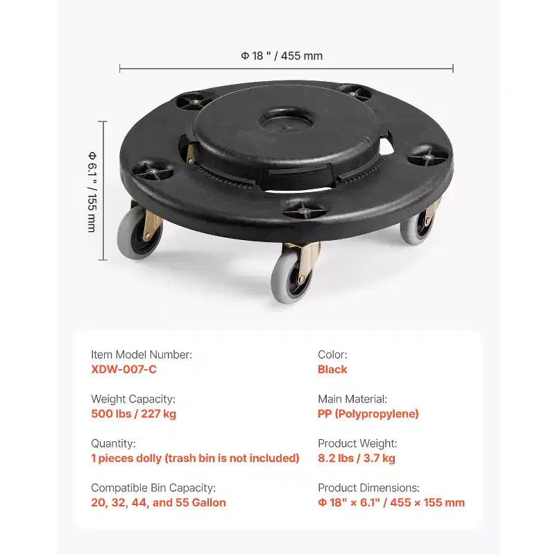 VEVOR Chariot à poubelle, compatible avec les conteneurs de 20, 32, 44, 55 gallons, base roulante ronde pour poubelle avec 4 roues verrouillables, capacité de 227 kg, noir