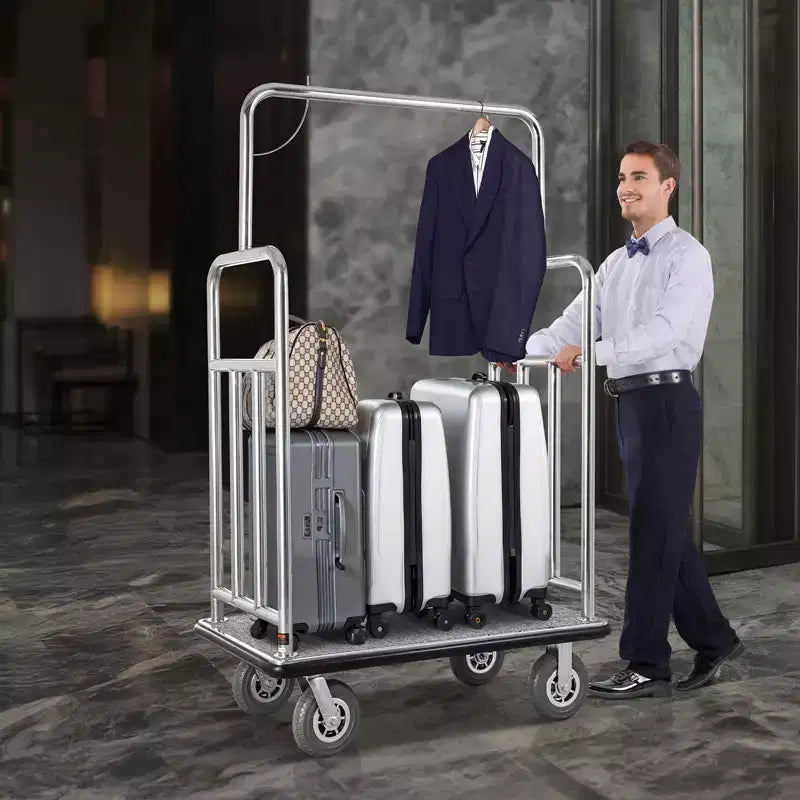 Chariot à bagages d'hôtel VEVOR, capacité de charge de 544 kg, chariot de bagagiste en acier inoxydable brossé, chariot de voiturier avec plateau moquetté gris et roues de 8 pouces, argenté
