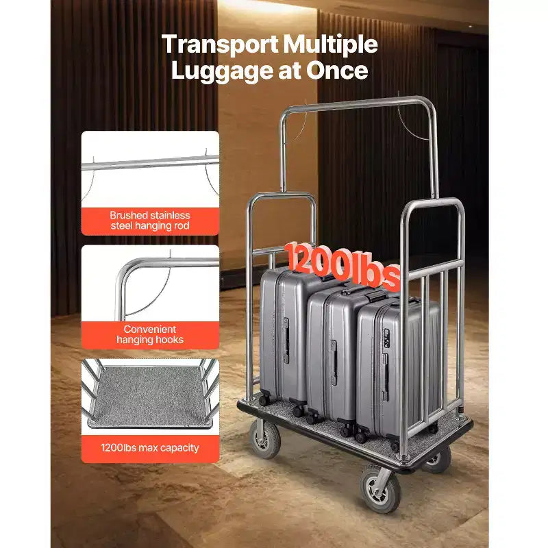 Chariot à bagages d'hôtel VEVOR, capacité de charge de 544 kg, chariot de bagagiste en acier inoxydable brossé, chariot de voiturier avec plateau moquetté gris et roues de 8 pouces, argenté