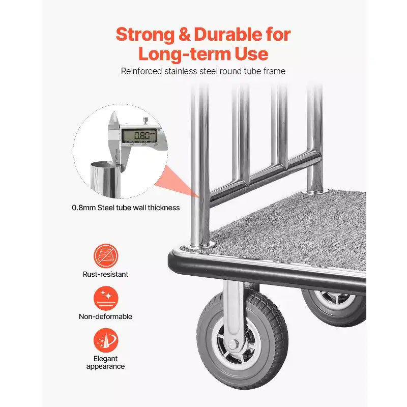 Chariot à bagages d'hôtel VEVOR, capacité de charge de 544 kg, chariot de bagagiste en acier inoxydable brossé, chariot de voiturier avec plateau moquetté gris et roues de 8 pouces, argenté