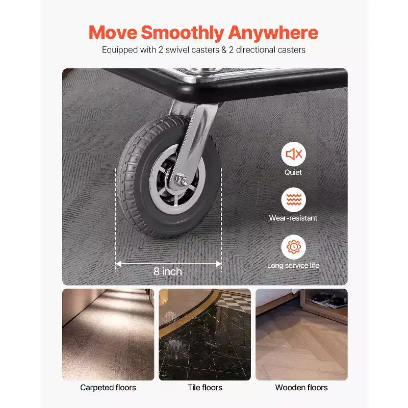 Chariot à bagages d'hôtel VEVOR, capacité de charge de 544 kg, chariot de bagagiste en acier inoxydable brossé, chariot de voiturier avec plateau moquetté gris et roues de 8 pouces, argenté