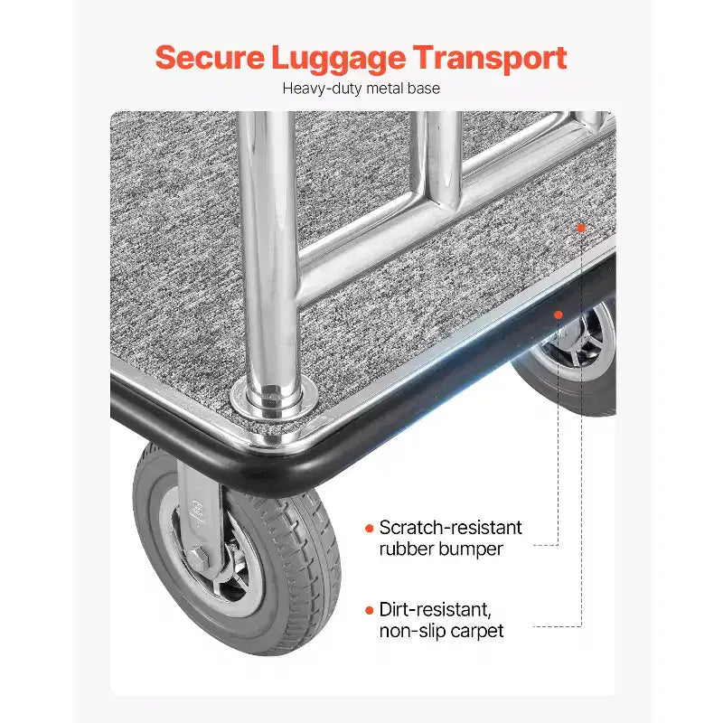 Chariot à bagages d'hôtel VEVOR, capacité de charge de 544 kg, chariot de bagagiste en acier inoxydable brossé, chariot de voiturier avec plateau moquetté gris et roues de 8 pouces, argenté