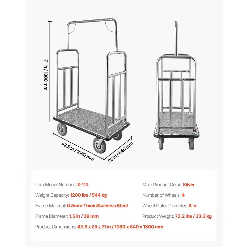 Chariot à bagages d'hôtel VEVOR, capacité de charge de 544 kg, chariot de bagagiste en acier inoxydable brossé, chariot de voiturier avec plateau moquetté gris et roues de 8 pouces, argenté