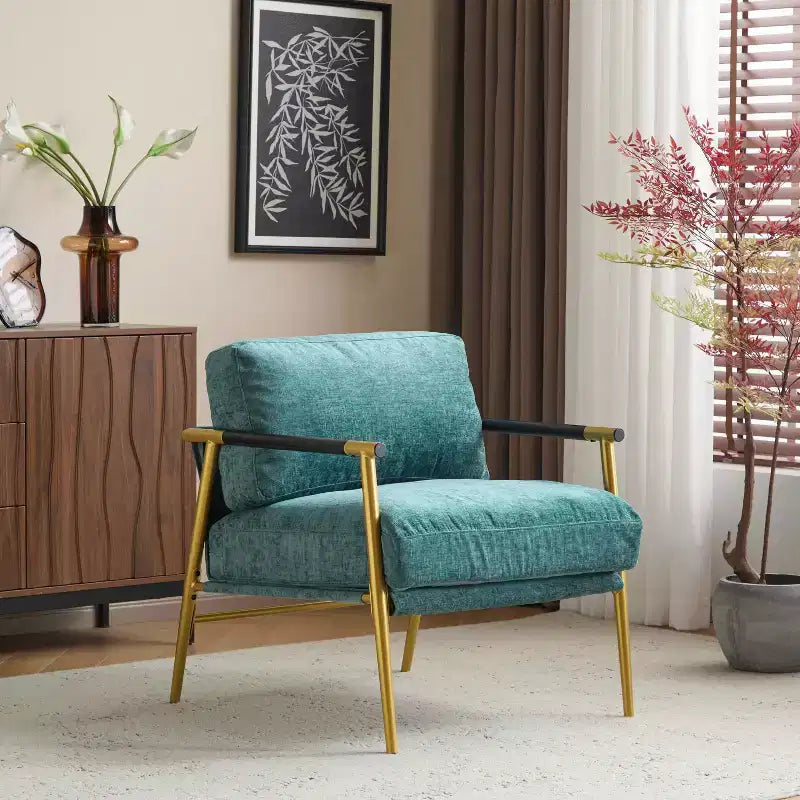 MAYEERTYChaise d'appoint moderne, coussins moelleux, cadre en métal minimaliste, accoudoirs en bois, pour salon, chambre, bureau