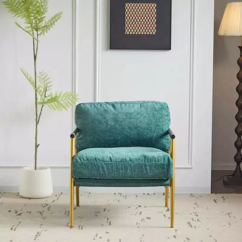 MAYEERTYChaise d'appoint moderne, coussins moelleux, cadre en métal minimaliste, accoudoirs en bois, pour salon, chambre, bureau