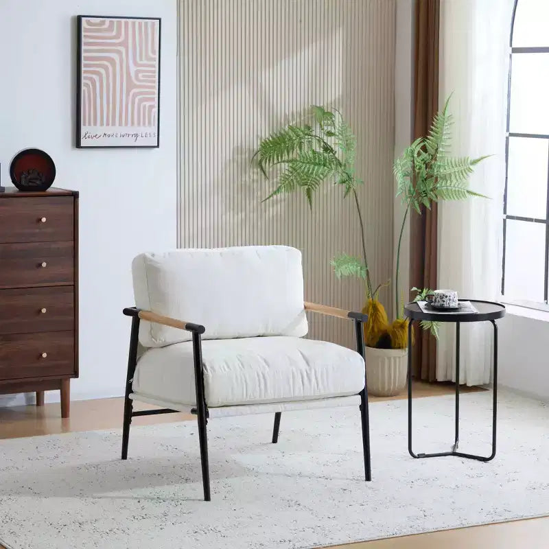 MAYEERTYChaise d'appoint moderne, coussins moelleux, cadre en métal minimaliste, accoudoirs en bois, pour salon, chambre, bureau