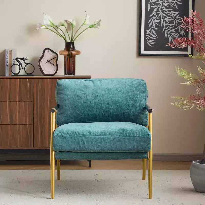 MAYEERTYChaise d'appoint moderne, coussins moelleux, cadre en métal minimaliste, accoudoirs en bois, pour salon, chambre, bureau