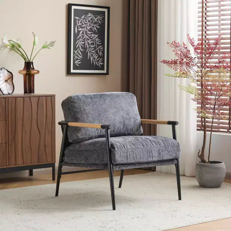 MAYEERTYChaise d'appoint moderne, coussins moelleux, cadre en métal minimaliste, accoudoirs en bois, pour salon, chambre, bureau