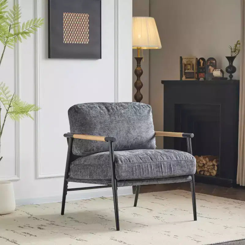 MAYEERTYChaise d'appoint moderne, coussins moelleux, cadre en métal minimaliste, accoudoirs en bois, pour salon, chambre, bureau