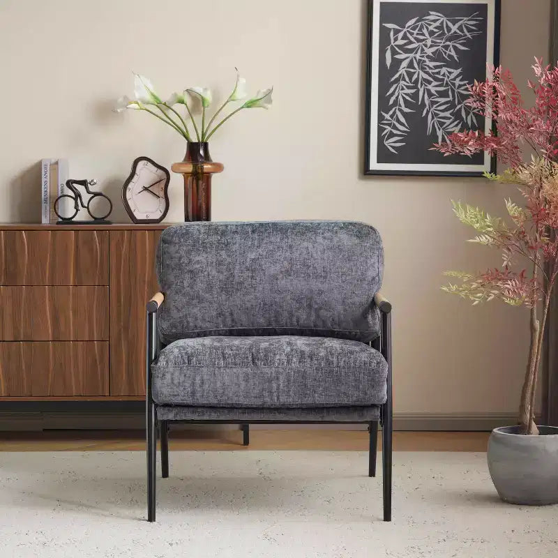 MAYEERTYChaise d'appoint moderne, coussins moelleux, cadre en métal minimaliste, accoudoirs en bois, pour salon, chambre, bureau
