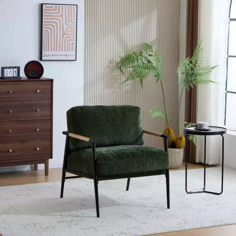 MAYEERTYChaise d'appoint moderne, coussins moelleux, cadre en métal minimaliste, accoudoirs en bois, pour salon, chambre, bureau