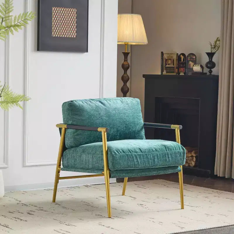 MAYEERTYChaise d'appoint moderne, coussins moelleux, cadre en métal minimaliste, accoudoirs en bois, pour salon, chambre, bureau
