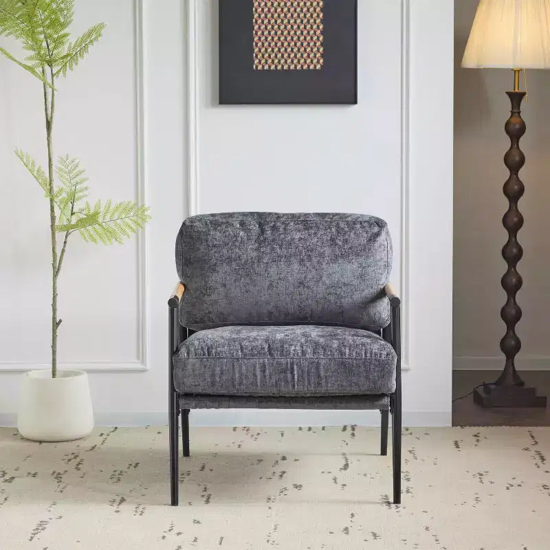 MAYEERTYChaise d'appoint moderne, coussins moelleux, cadre en métal minimaliste, accoudoirs en bois, pour salon, chambre, bureau