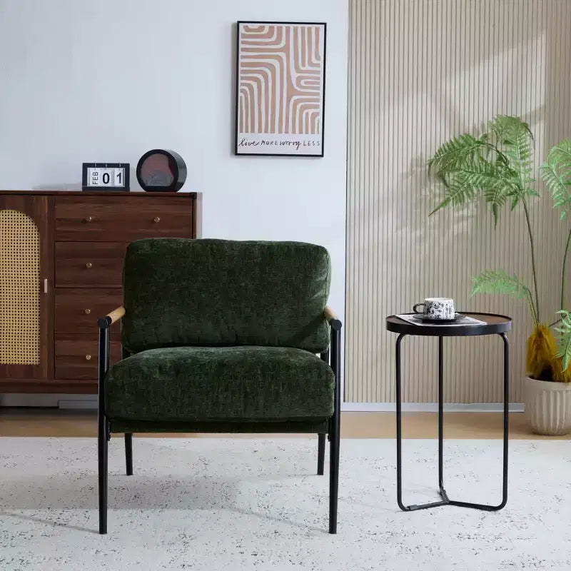 MAYEERTYChaise d'appoint moderne, coussins moelleux, cadre en métal minimaliste, accoudoirs en bois, pour salon, chambre, bureau