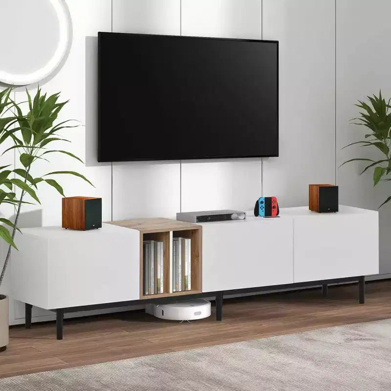 Meuble TV moderne MAYEERTY pour téléviseur de 80 pouces avec 3 portes, centre de divertissement avec grand meuble de rangement pour salon chambre blanc