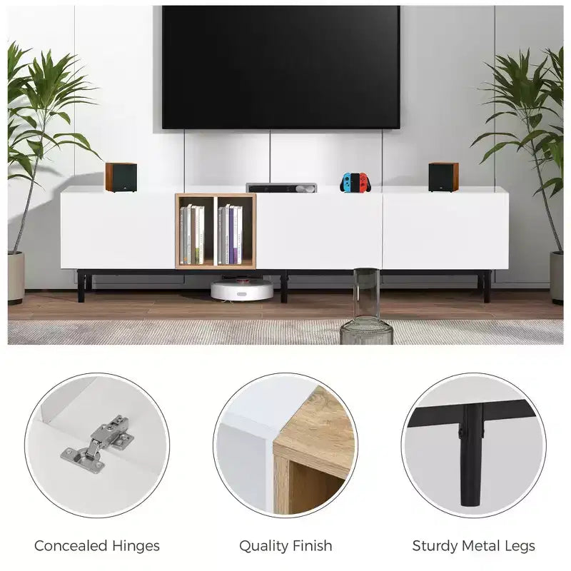 Meuble TV moderne MAYEERTY pour téléviseur de 80 pouces avec 3 portes, centre de divertissement avec grand meuble de rangement pour salon chambre blanc