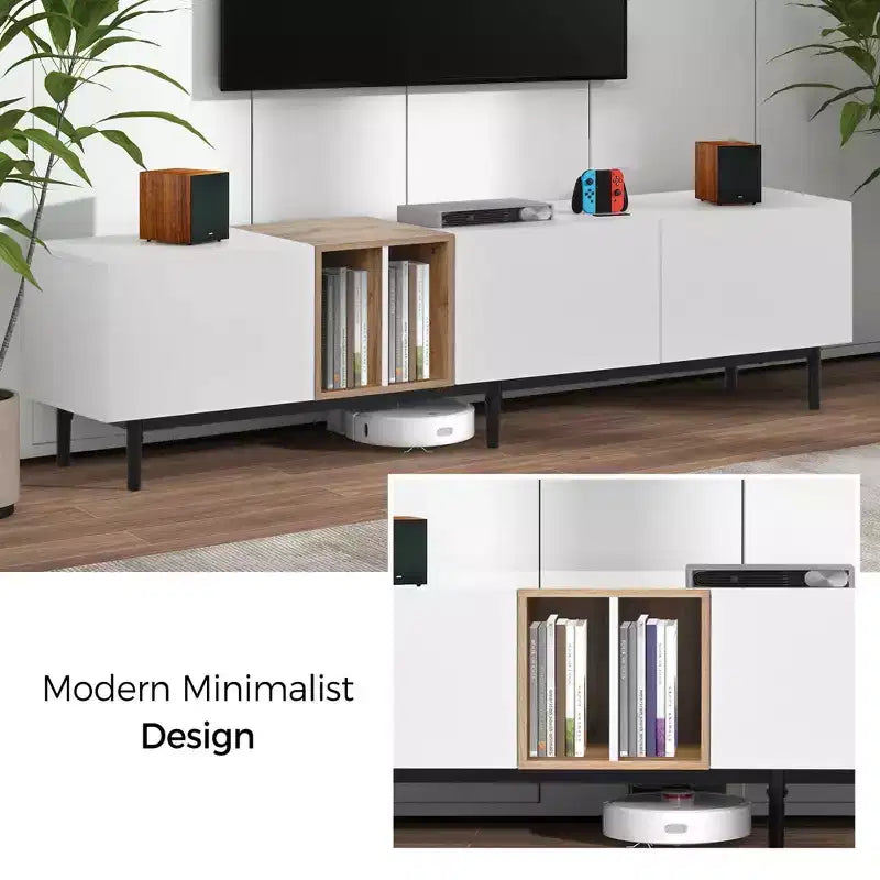Meuble TV moderne MAYEERTY pour téléviseur de 80 pouces avec 3 portes, centre de divertissement avec grand meuble de rangement pour salon chambre blanc