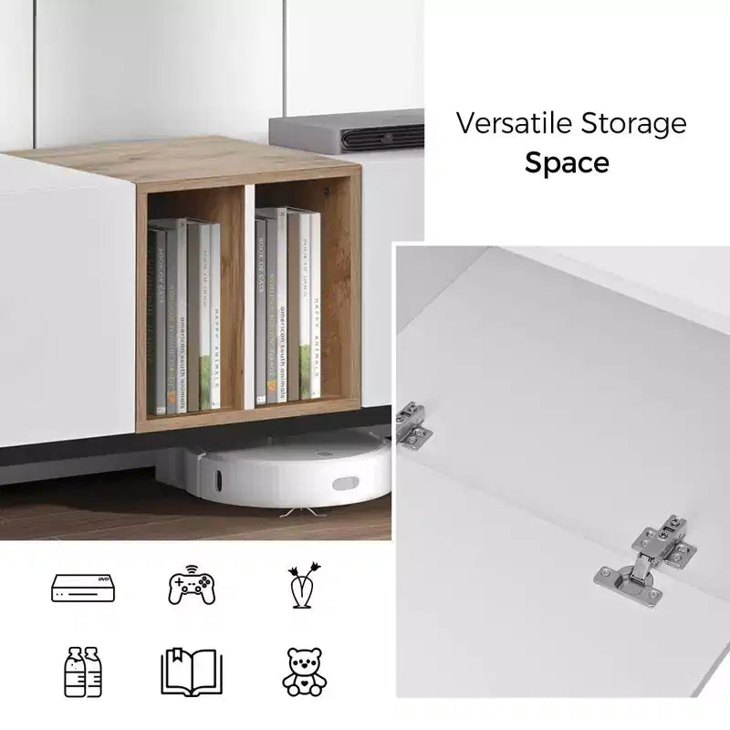 Meuble TV moderne MAYEERTY pour téléviseur de 80 pouces avec 3 portes, centre de divertissement avec grand meuble de rangement pour salon chambre blanc