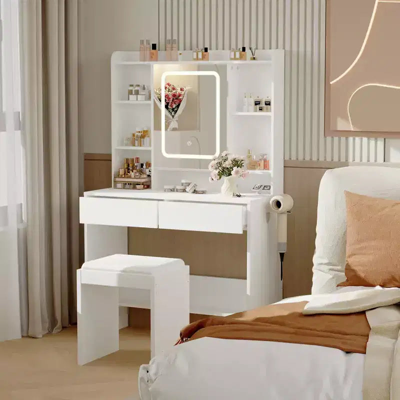 Coiffeuse avec miroir pour chambre à coucher, 3 couleurs d'éclairage réglables, tabouret rembourré inclus, étagères de rangement cachées, ports USB, support pour sèche-cheveux, blanche