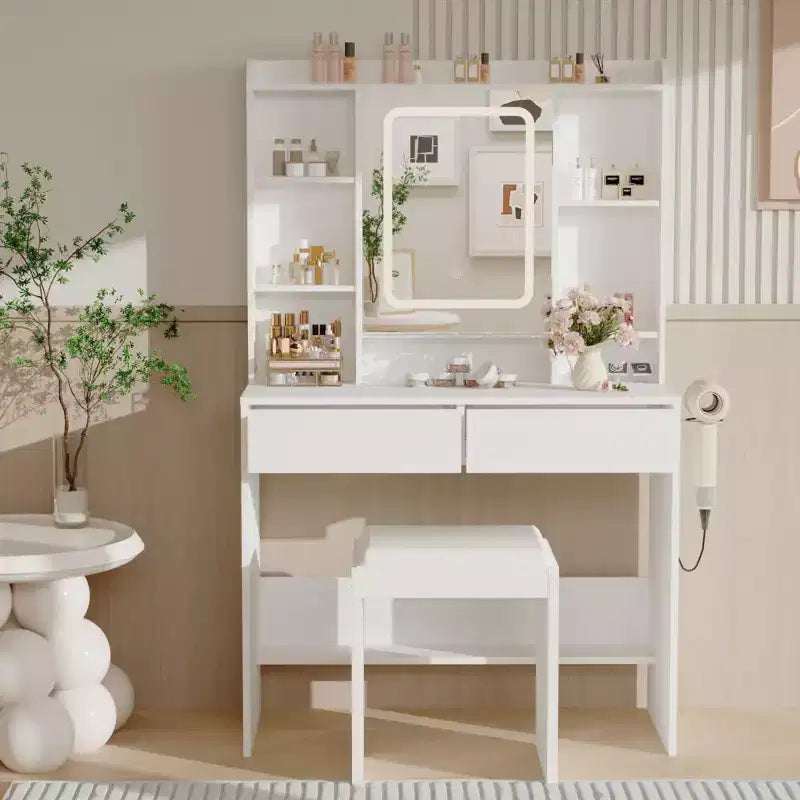 Coiffeuse avec miroir pour chambre à coucher, 3 couleurs d'éclairage réglables, tabouret rembourré inclus, étagères de rangement cachées, ports USB, support pour sèche-cheveux, blanche
