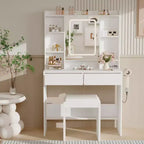 Coiffeuse avec miroir pour chambre à coucher, 3 couleurs d'éclairage réglables, tabouret rembourré inclus, étagères de rangement cachées, ports USB, support pour sèche-cheveux, blanche