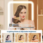 Coiffeuse avec miroir pour chambre à coucher, 3 couleurs d'éclairage réglables, tabouret rembourré inclus, étagères de rangement cachées, ports USB, support pour sèche-cheveux, blanche