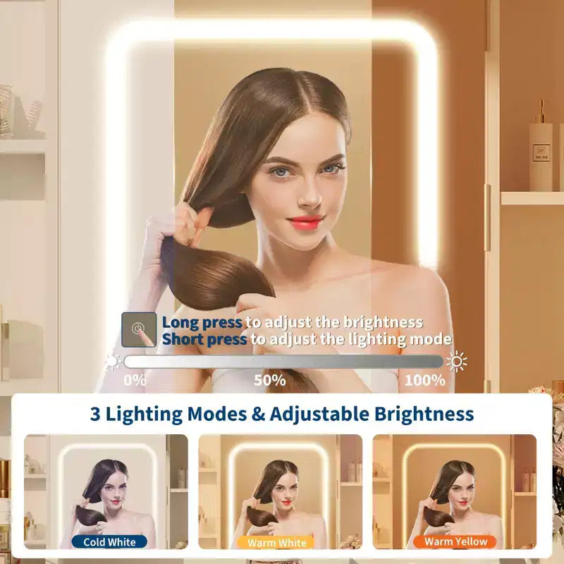 Coiffeuse avec miroir pour chambre à coucher, 3 couleurs d'éclairage réglables, tabouret rembourré inclus, étagères de rangement cachées, ports USB, support pour sèche-cheveux, blanche