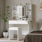 Coiffeuse avec miroir pour chambre à coucher, 3 couleurs d'éclairage réglables, tabouret rembourré inclus, étagères de rangement cachées, ports USB, support pour sèche-cheveux, blanche
