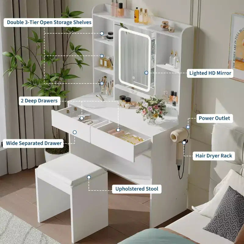 Coiffeuse avec miroir pour chambre à coucher, 3 couleurs d'éclairage réglables, tabouret rembourré inclus, étagères de rangement cachées, ports USB, support pour sèche-cheveux, blanche