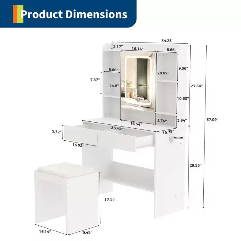 Coiffeuse avec miroir pour chambre à coucher, 3 couleurs d'éclairage réglables, tabouret rembourré inclus, étagères de rangement cachées, ports USB, support pour sèche-cheveux, blanche