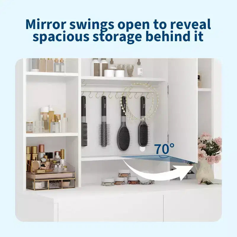 Coiffeuse avec miroir pour chambre à coucher, 3 couleurs d'éclairage réglables, tabouret rembourré inclus, étagères de rangement cachées, ports USB, support pour sèche-cheveux, blanche