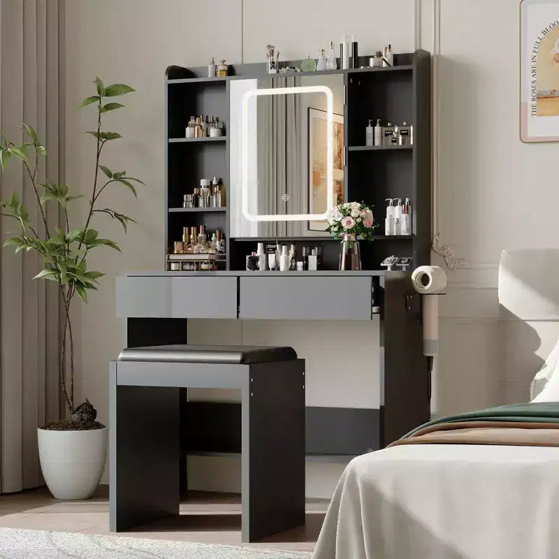 Coiffeuse avec miroir pour chambre à coucher, 3 couleurs d'éclairage réglables, tabouret rembourré inclus, étagères de rangement cachées, ports USB, support pour sèche-cheveux, blanche