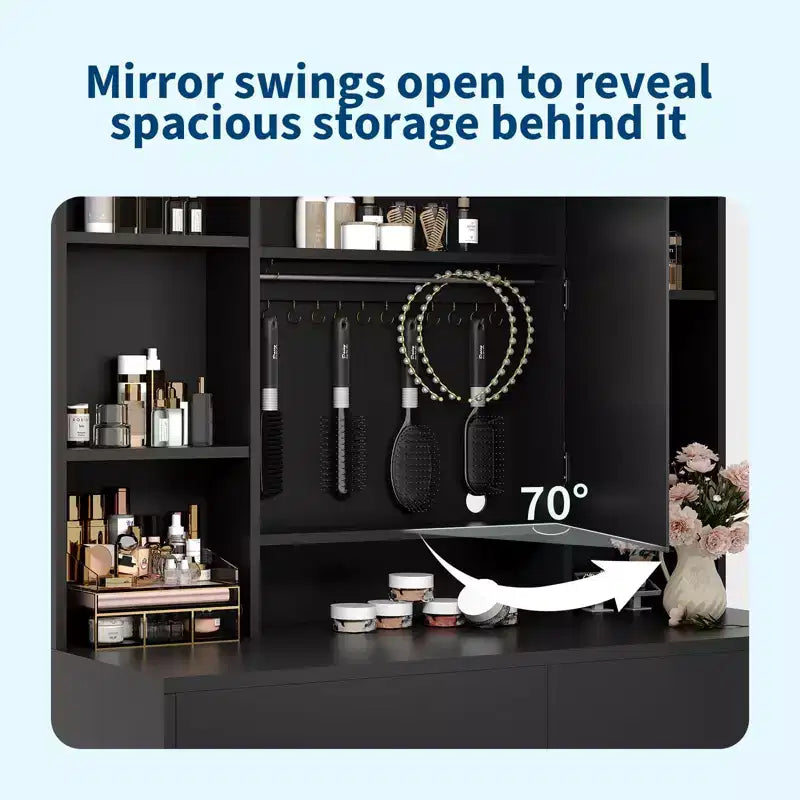 Coiffeuse avec miroir pour chambre à coucher, 3 couleurs d'éclairage réglables, tabouret rembourré inclus, étagères de rangement cachées, ports USB, support pour sèche-cheveux, blanche