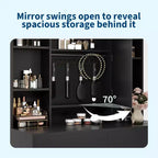 Coiffeuse avec miroir pour chambre à coucher, 3 couleurs d'éclairage réglables, tabouret rembourré inclus, étagères de rangement cachées, ports USB, support pour sèche-cheveux, blanche