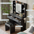 Coiffeuse avec miroir pour chambre à coucher, 3 couleurs d'éclairage réglables, tabouret rembourré inclus, étagères de rangement cachées, ports USB, support pour sèche-cheveux, blanche