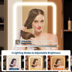 Coiffeuse avec miroir pour chambre à coucher, 3 couleurs d'éclairage réglables, tabouret rembourré inclus, étagères de rangement cachées, ports USB, support pour sèche-cheveux, blanche