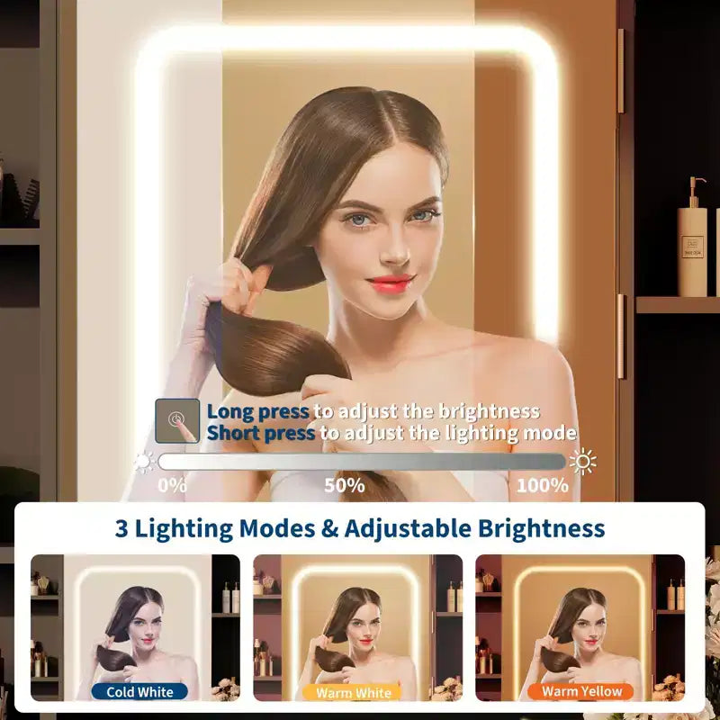 Coiffeuse avec miroir pour chambre à coucher, 3 couleurs d'éclairage réglables, tabouret rembourré inclus, étagères de rangement cachées, ports USB, support pour sèche-cheveux, blanche
