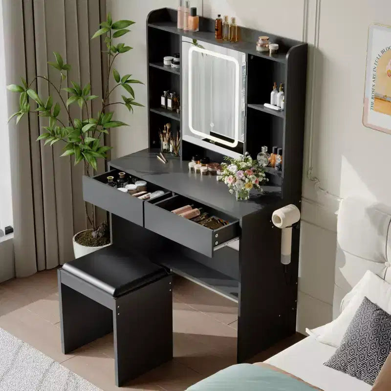 Coiffeuse avec miroir pour chambre à coucher, 3 couleurs d'éclairage réglables, tabouret rembourré inclus, étagères de rangement cachées, ports USB, support pour sèche-cheveux, blanche
