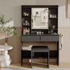 Coiffeuse avec miroir pour chambre à coucher, 3 couleurs d'éclairage réglables, tabouret rembourré inclus, étagères de rangement cachées, ports USB, support pour sèche-cheveux, blanche