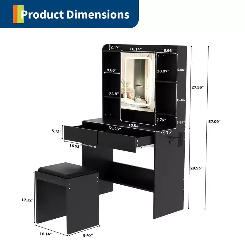 Coiffeuse avec miroir pour chambre à coucher, 3 couleurs d'éclairage réglables, tabouret rembourré inclus, étagères de rangement cachées, ports USB, support pour sèche-cheveux, blanche