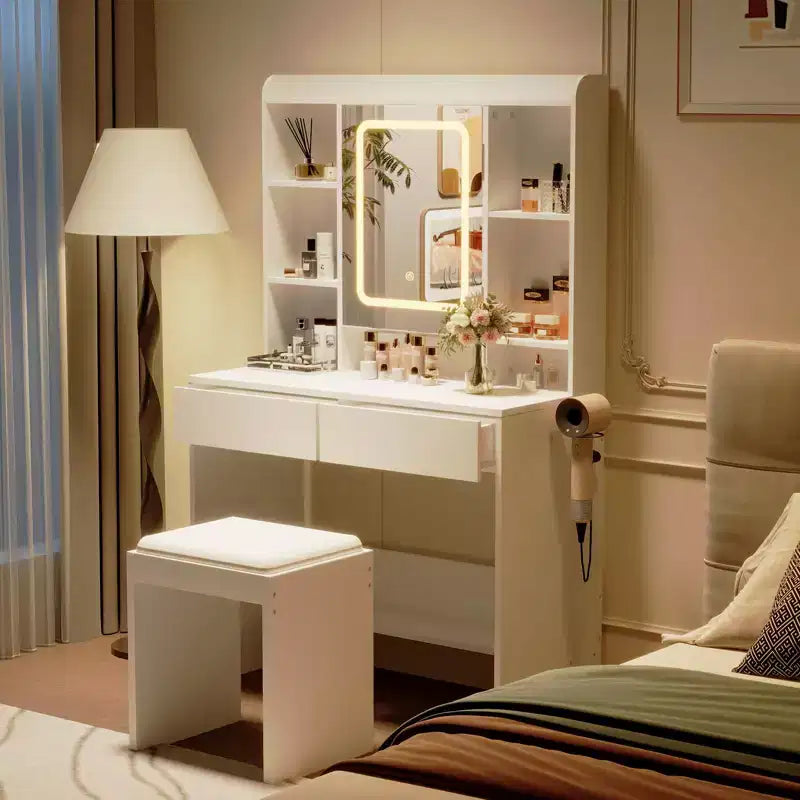 Coiffeuse avec miroir pour chambre à coucher, 3 couleurs d'éclairage réglables, tabouret rembourré inclus, étagères de rangement cachées, ports USB, support pour sèche-cheveux, blanche