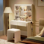 Coiffeuse avec miroir pour chambre à coucher, 3 couleurs d'éclairage réglables, tabouret rembourré inclus, étagères de rangement cachées, ports USB, support pour sèche-cheveux, blanche