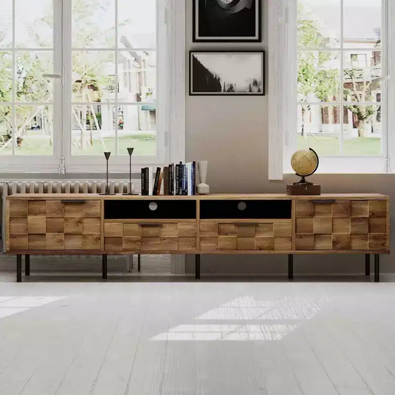 MAYEERTY Meuble TV de style scandinave avec 2 tiroirs, console multimédia pour TV jusqu'à 85", centre de divertissement avec rangement pour salon