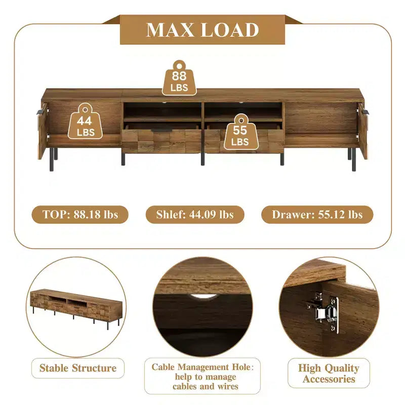 MAYEERTY Meuble TV de style scandinave avec 2 tiroirs, console multimédia pour TV jusqu'à 85", centre de divertissement avec rangement pour salon