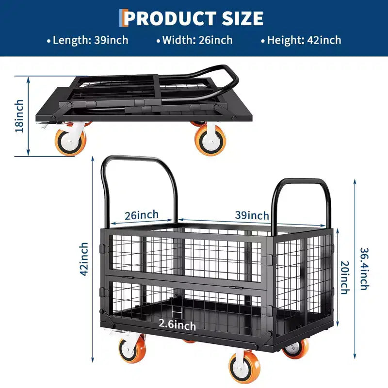 Chariot de plateforme 2000 lb avec cage, chariot à main pliant 6 en 1 robuste avec cage, chariot de manutention pliable